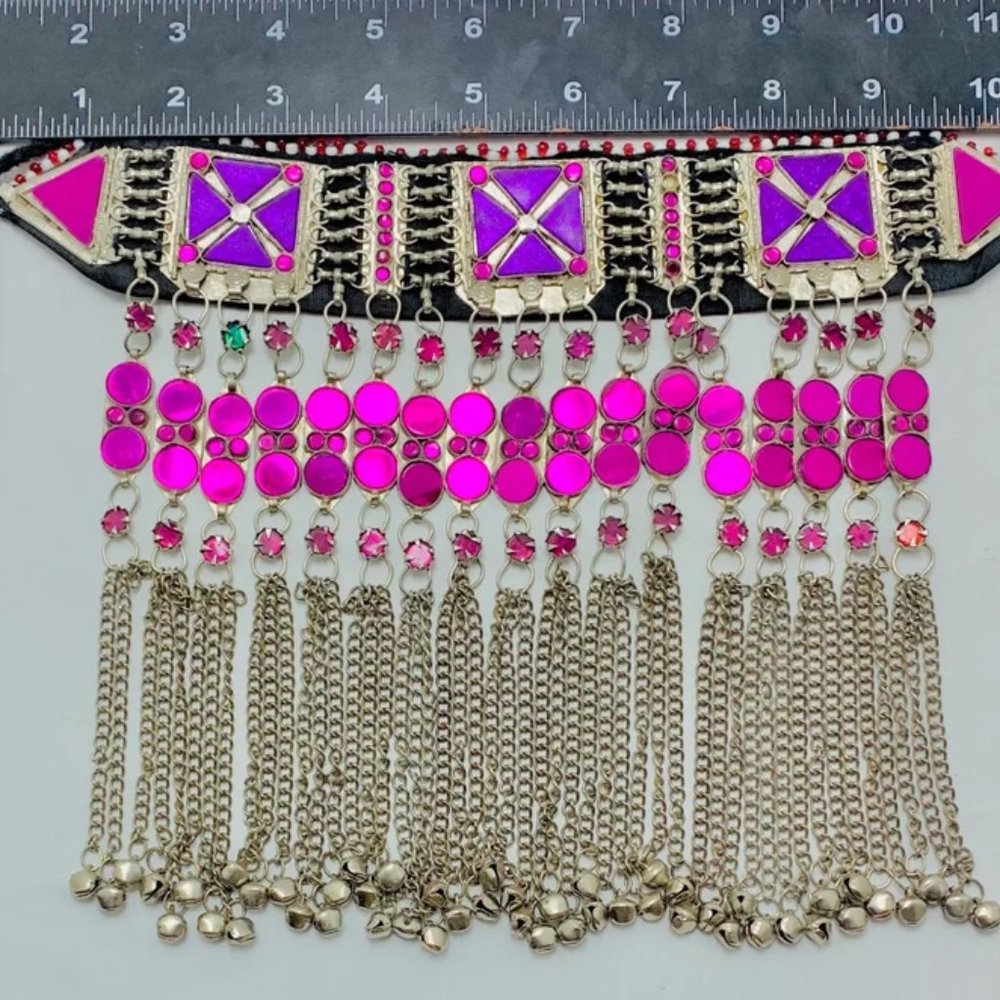 Handmade Afghan Choker Necklace: Purple Stone Tribal Statement with Bells - Picture 9 of 12